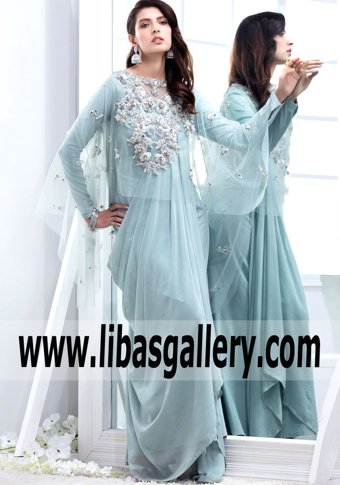 Elan Delicate Cornflower Blue Draped Gown Pakistani Designer