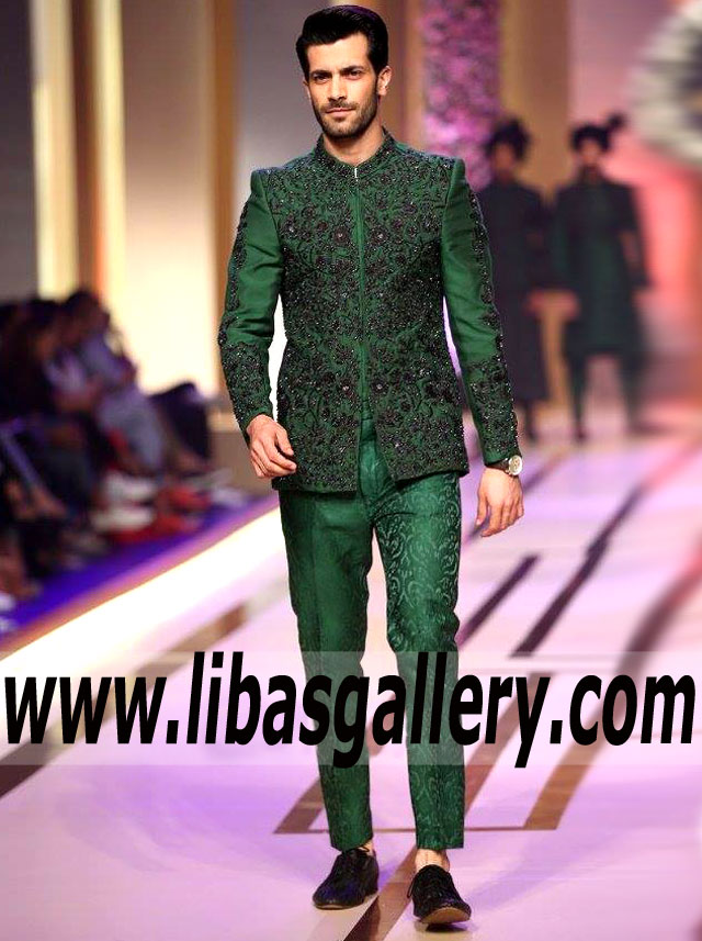 Green prince coat sherwani for wedding groom hand