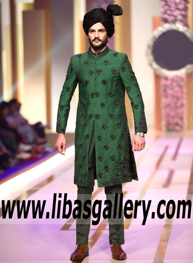 Green Embroidered wedding sherwani for Nikah Barat Rukhsati