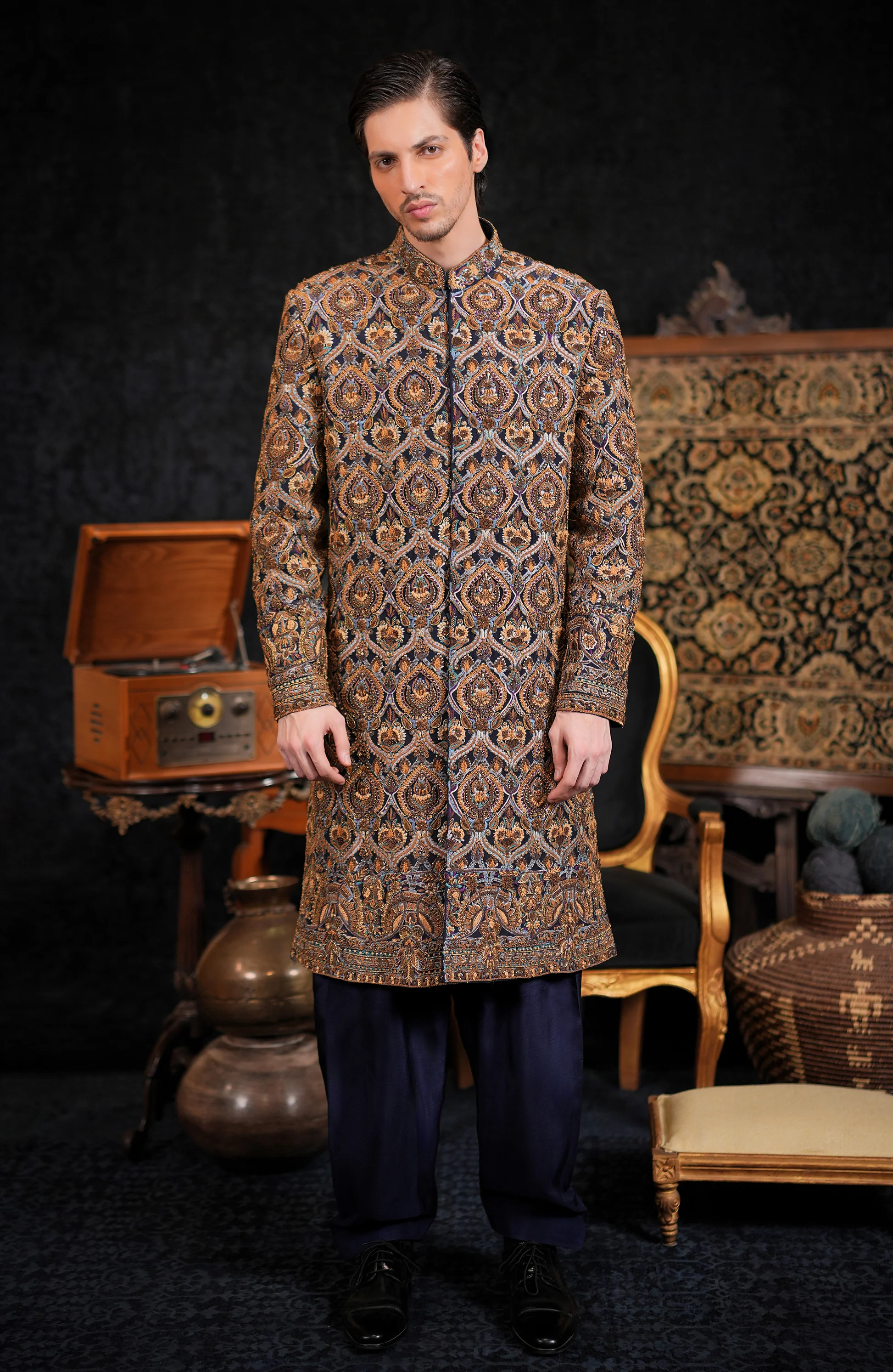 regal navy hand embellished weddign sherwani 