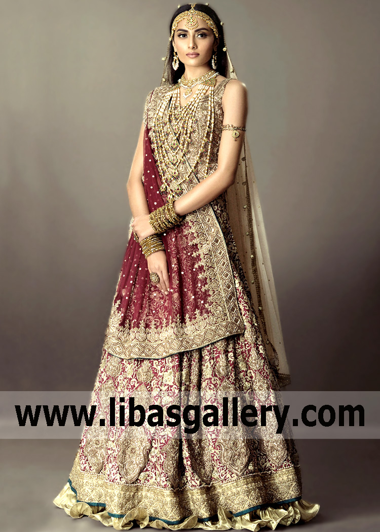 The latest collection of Beautiful Burgundy Wedding Lehenga Choli Newham UK Modern Wedding Lehenga Choli Pakistan wedding dresses by Mehdi couture. See what color to match with each type of Burgundy dress. Dazzle your guests.