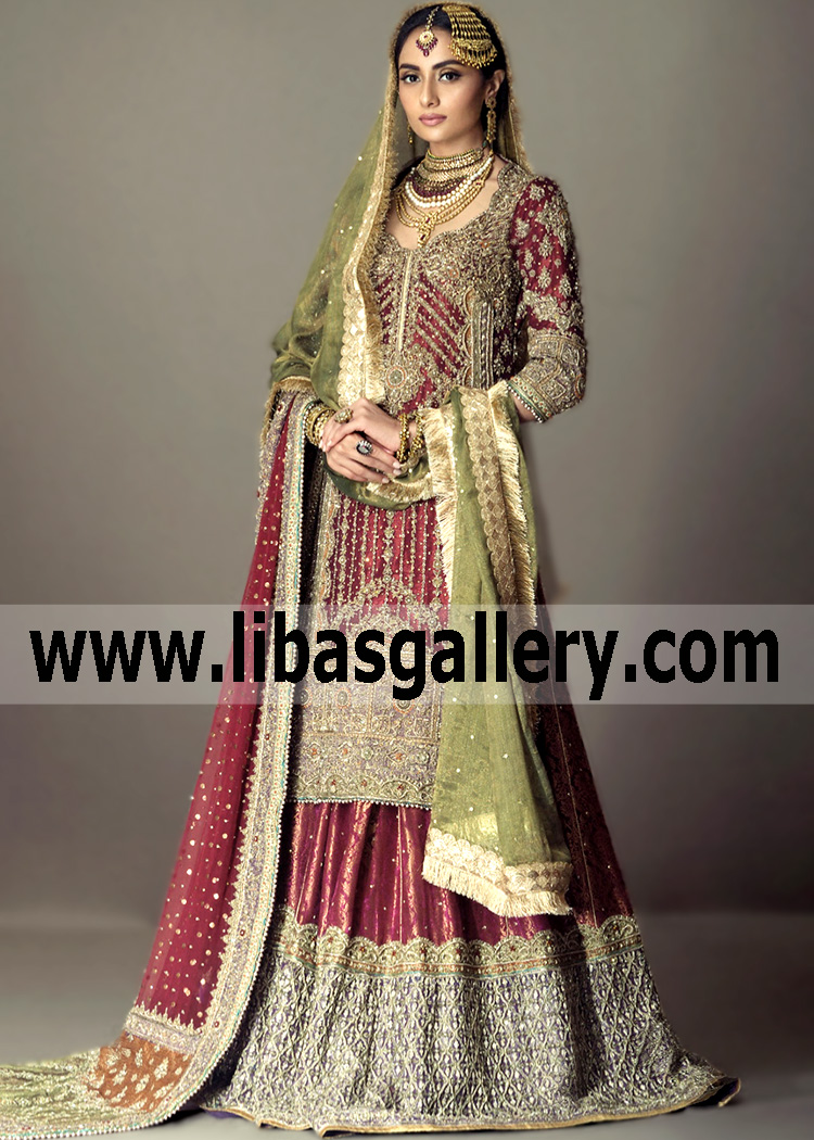 We choose the best Burgundy Bridal Dresses for the wedding. Overview of Imperial Class Burgundy Bridal Dresses Jersey City New Jersey USA Pakistani Sharara Wedding Dresses creations that fit each figure. A practical guide with photos. Mehdi couture Dresses for the wedding party for the sister of bride, mother and other guests.