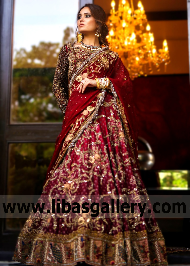 Burgundy pakistani deals wedding dress