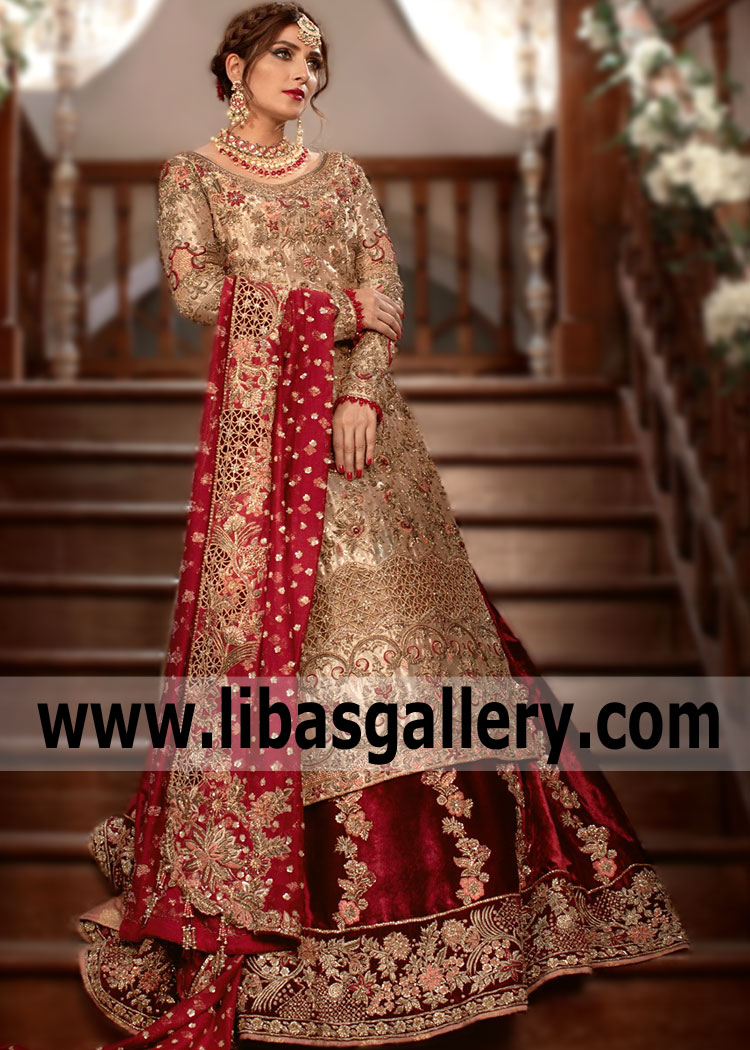 The graceful Sheeba Kapadia wedding dress will turn every bride`s head. It is able to visually make any silhouette perfect: hide flaws, emphasize advantages. The Sheeba Kapadia Bridal Wear Heavy Embellished Dupatta Newcastle London UK Traditional Bridal Wear Lehenga Pakistani outfit leaves behind an indelible and breathtaking impression.