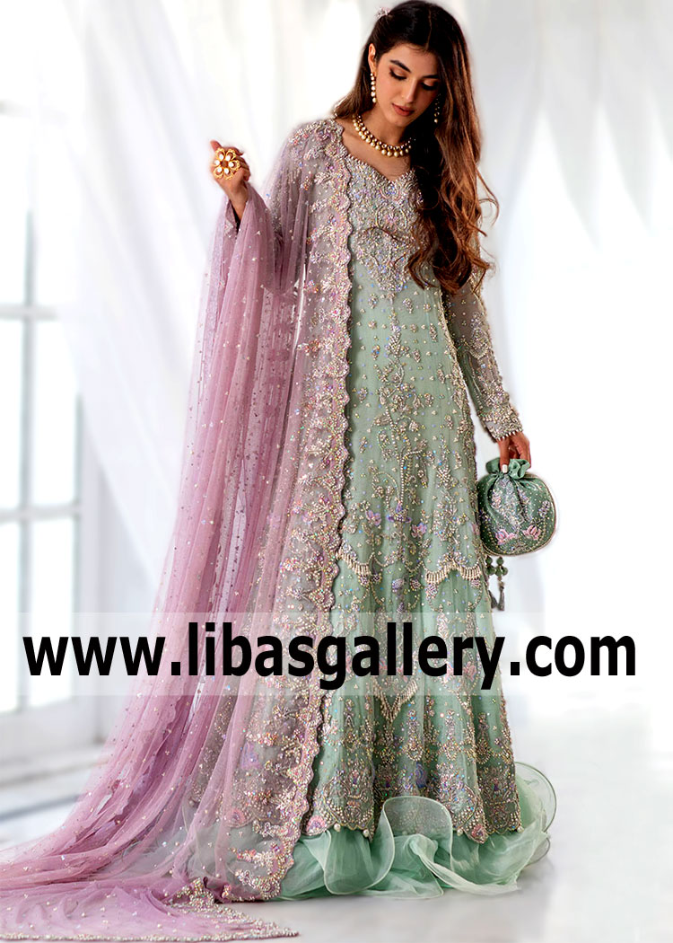 Elegant dress for true lady. Restrained elegant Designer Farah Talib Aziz Wedding Lehenga Heavy Embellished Dupatta Springfield Washington DC USA Pakistani Wedding Dresses mood of timeless, flawless classics. incredibly sensual image creates a Bridal dress decorated with wide flourishing embellishments and Lehenga skirt steep - for the bride with good taste.