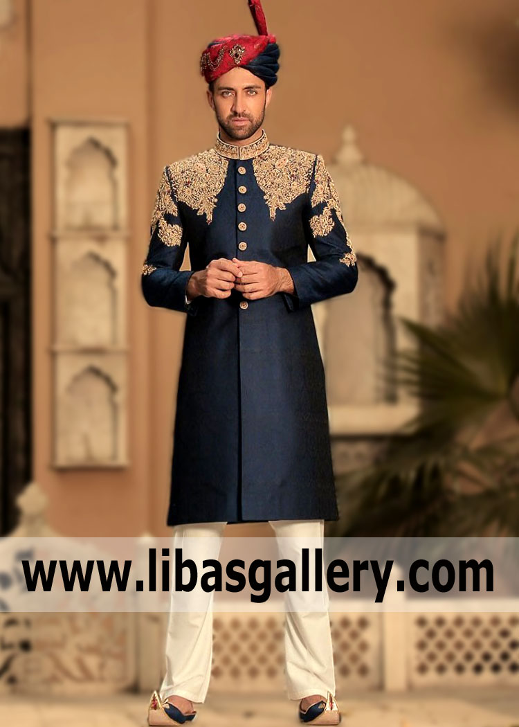 Mens wedding fashion is developing no less quickly than the fashion for wedding dresses. Therefore, with the advent of suits in libasgallery, we follow every trend. So, the Latest Groom Turban for Wedding Surrey London UK High Quality Mens Sherwani with Turban is one of our favorites. Just imagine how it will look great with your wedding dress.