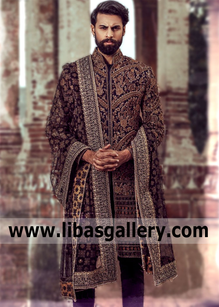An exquisite impression fit for royalty Gorgeous embellished Mens Sherwani HSY Bradford UK Pakistani Menswear Raw Silk Sherwani. A good Sherwani suit is a classic, but a classic, as you know, lives forever. A man dressed in a perfectly fitted Sherwani suit will always catch the eyes of women.