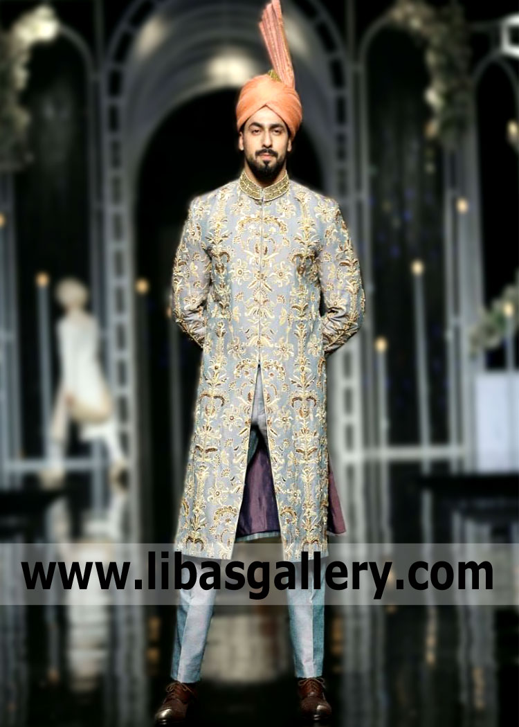 Correctly selected Periwinkle Color Sherwani Groom Sherwani Suits Oak Tree Road New York NY US Arsalan Iqbal Wedding Sherwani Designs suit will make a man presentable and self-confident. A classic design Periwinkle three-piece Sherwani suit will come in handy at a wedding event, Even for a Gala.