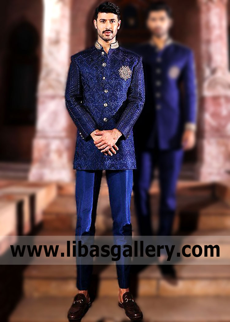 Elegant and formal Sherwani suit in dark blue by Charm Designer Faraz Manan Wedding Sherwani Cheltenham UK Men Wedding Sherwani Collection. What a groom sherwani - such a mood. Colors,  lovely embellishments and Latest designs - according to your desire. Everything that you like and bring joy to you. A superb semblance, fit for an audacious character.