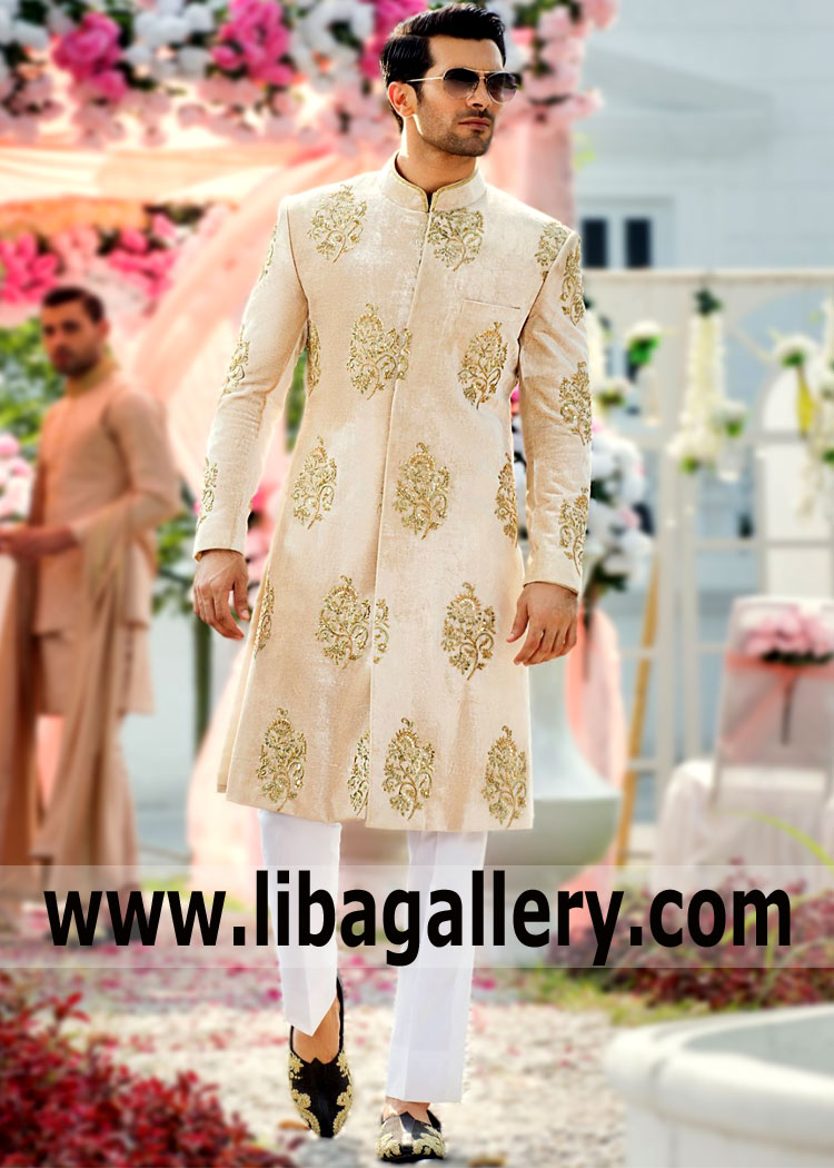 Timeless classic, basically nothing more to say about the Amazing Wedding Sherwani Suits Hampshire England UK Nomi Ansari Sherwani Mens suit. It will definitely highlight your uniqueness. At any celebration or Wedding reception, you will be the center of attention.