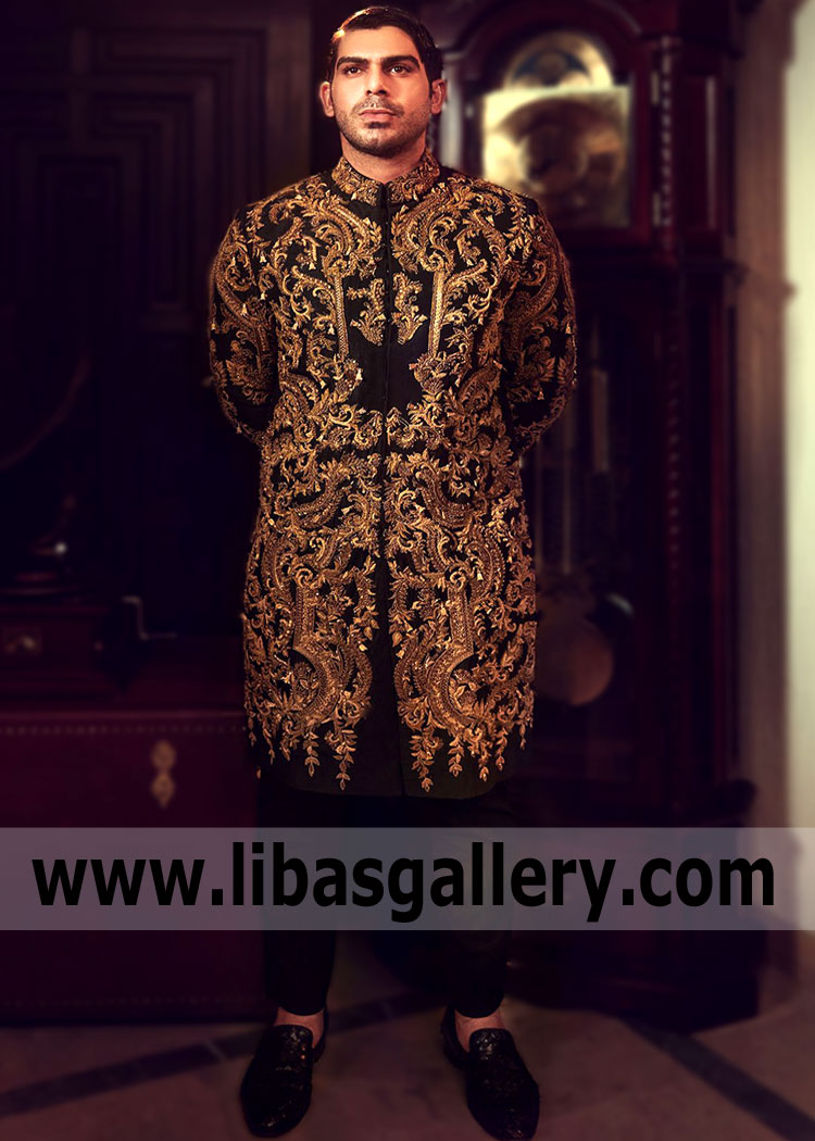 Come get an insight into the world of fashion through HSY Sherwani for Wedding Men`s Sherwani Wedding Sherwani Groom`s Sherwani. Get all the latest updates on our new collection and speak the language of fashion with us. This Black sherwani is currently one of the many items selected for our best sales which is currently going on in-store and online.