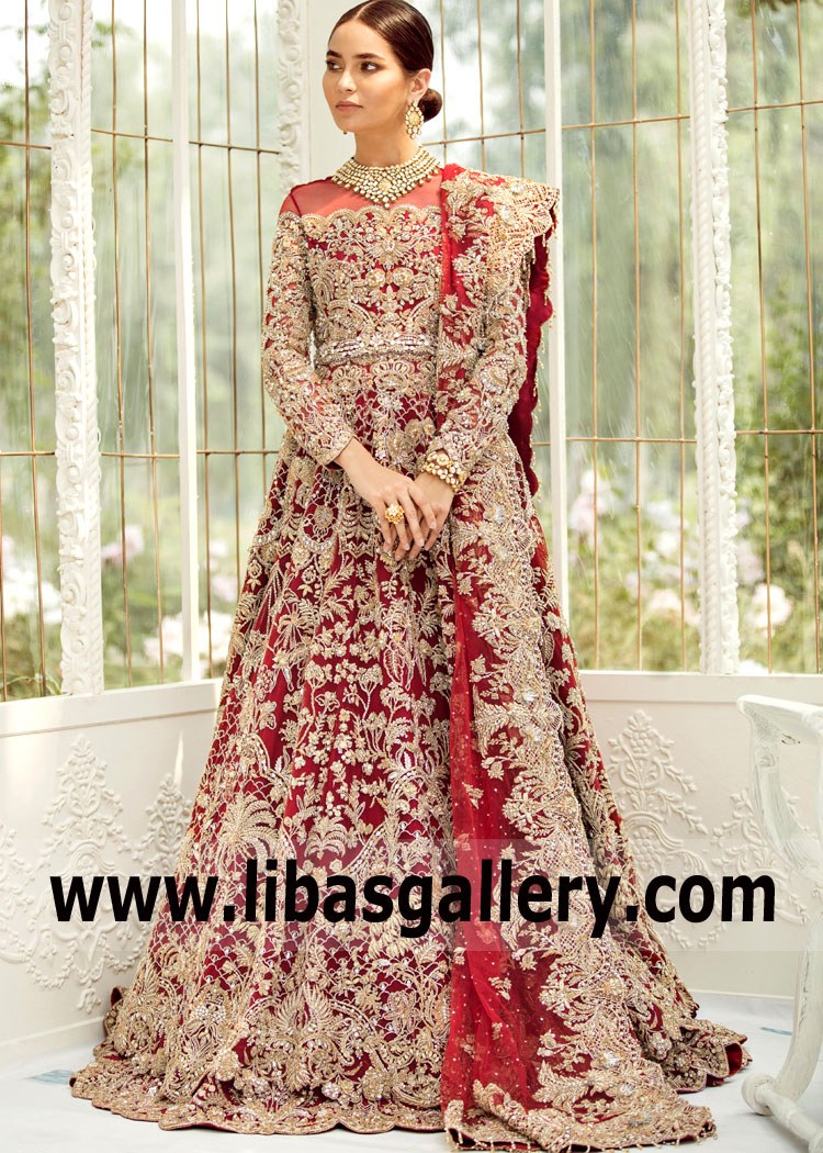 Here is the designer Suffuse by Sana Yasir Bridal Wear latest collection to hit the bridal runways. The luxury brand is known for designing elaborate Bridal Dresses, Long-sleeve A-line wedding dress with illusion neck and sleeves and floral embellishments intricate details and famous brides.