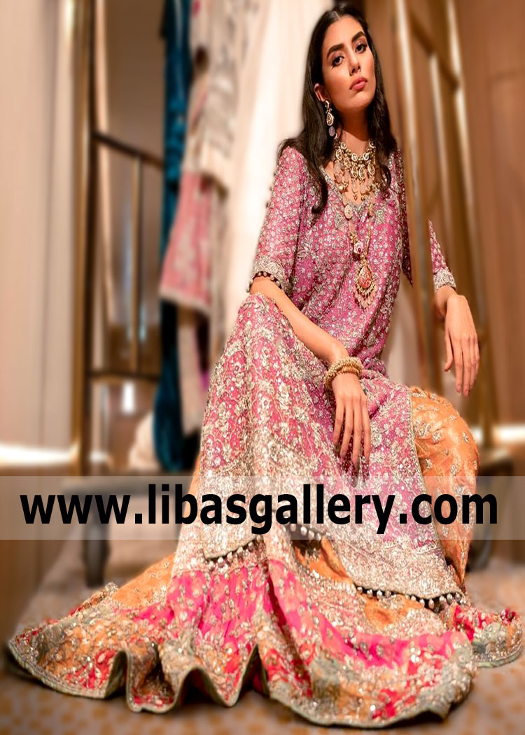 The most popular dresses in autumn are with satin Banarasi Jamawar Exquisite Bridal Lehenga for winter wedding Hartford Connecticut USA Designer Bunto Kazmi Bridal Lehenga skirts. Large selection of Winter wedding dresses for every taste. We have lowered the price. for this stunning dress. Hurry to catch your luck.