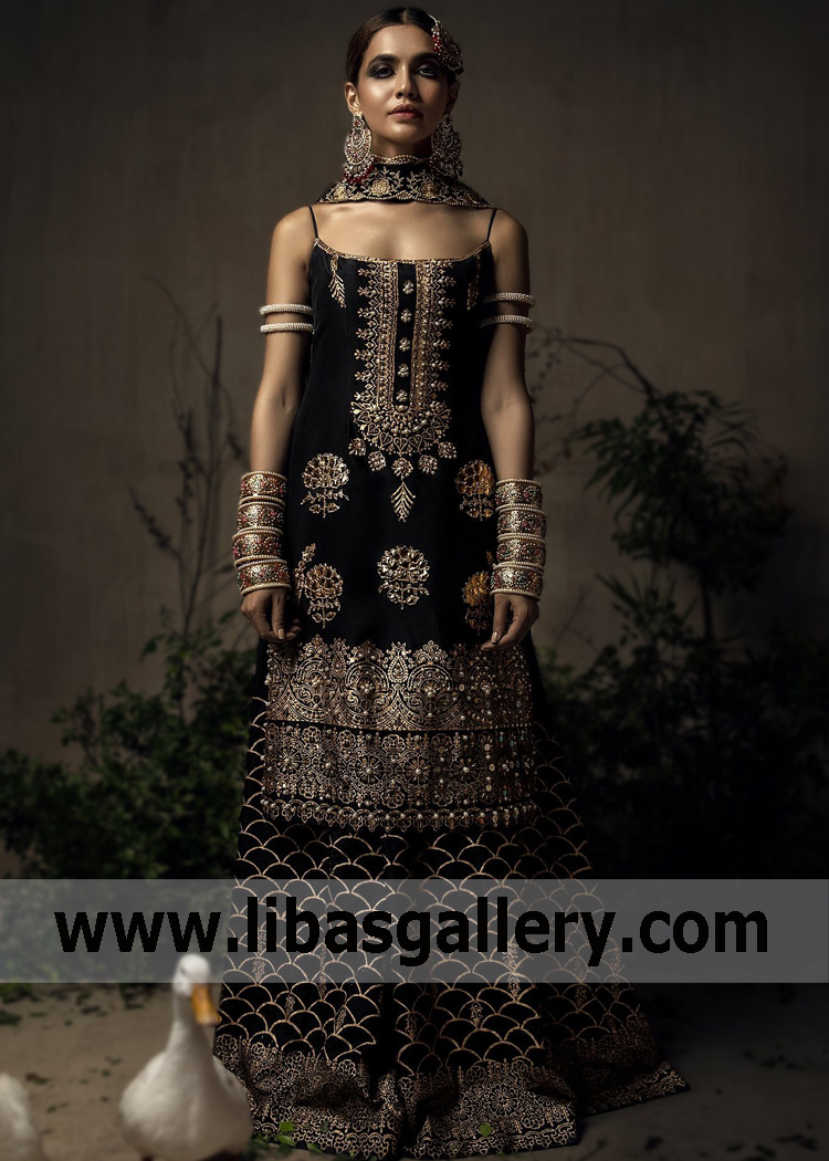Juste magnifique! You want this BLACK ONYX dress on the occasion of the new year Pakistani Evening Dresses UK Designer Ali Xeeshan Black Evening Wear Manchester UK.
