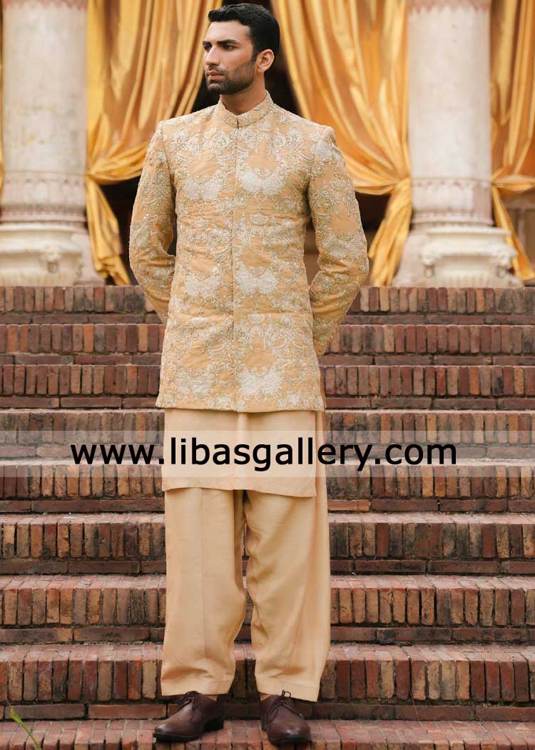 beige embroidered prince coat for wedding 