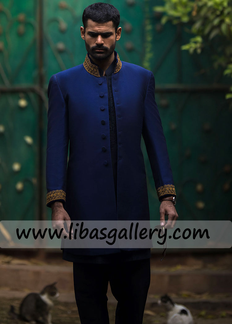 blue wedding sherwani suit with gold kora dabka stones work