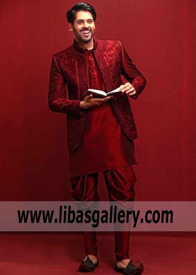 Latest Collection of Pakistani Kurta Shalwar Waistcoat Embroidered Sherwani UK USA Canada Saudi Arabia Dubai, I just love this perfect fit & tones with vibrant colors of this New Arrival Men suit detail.