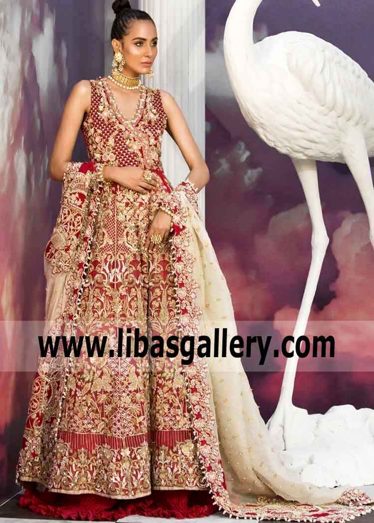 Buy Online Wedding Wear - Women Dresses by Saira Shakira. Look magnificent from every angle in a bridal gown with eye catching embroidery and embellishments detail: featuring alluring and dazzling embellishments accent the bodice, all-over front, sleeves, fitted bodice and traditional floor length flared lehenga skirt, there`s no better way to celebrate the day of your dreams than a princess-like wedding dress! Complete Latest Saira Shakira 2019-20 Collection available at libasgallery Online Store.