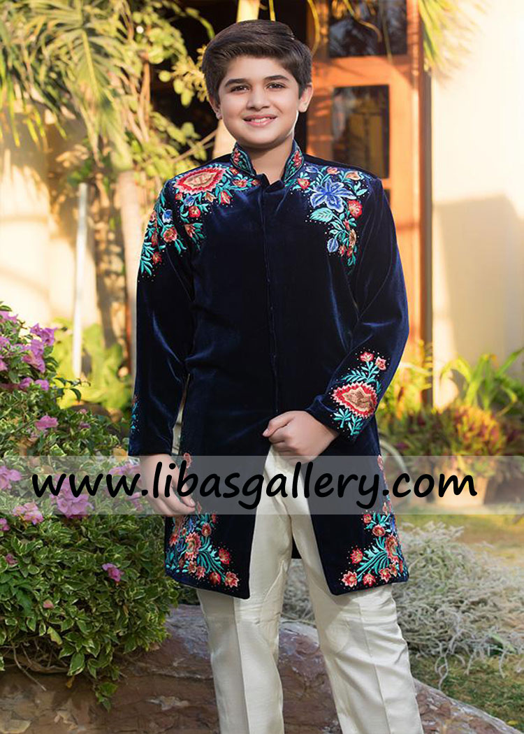 Boy kids and teen sherwani outfit custom made in suiting fabric cotton jamawar banarsi and velvet for shahbala with turban khussa matching UK USA Canada Norway Saudi Arabia