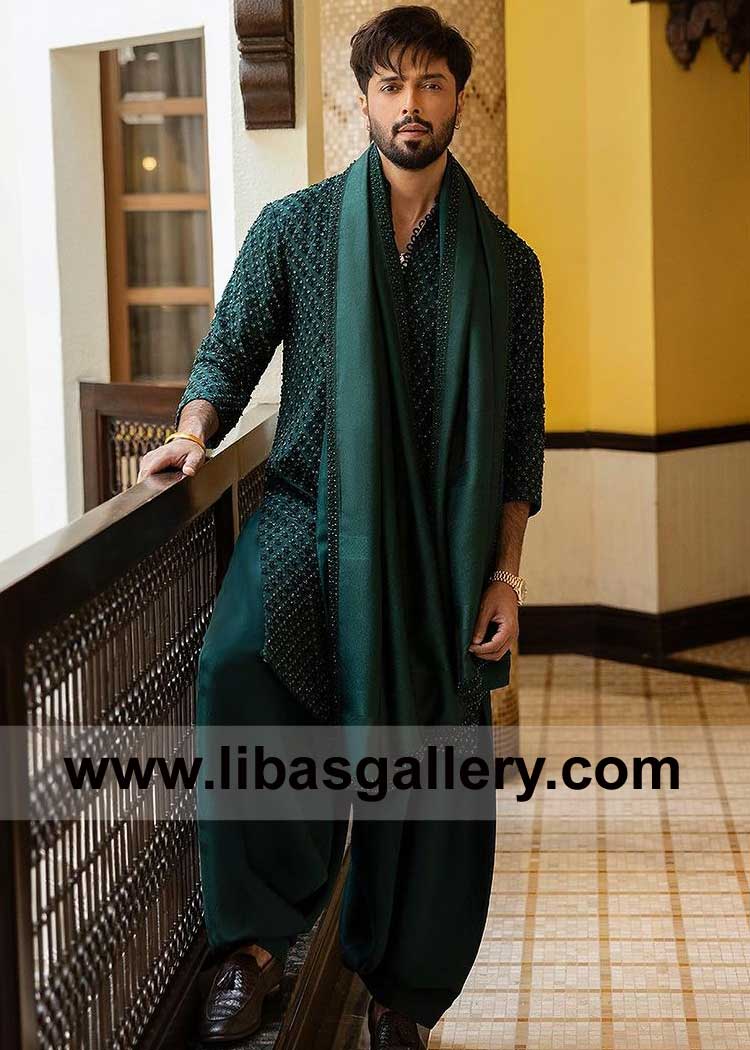 Emerald Green embroidered Men kurta for mehndi and engagement night Boston California Nashville USA