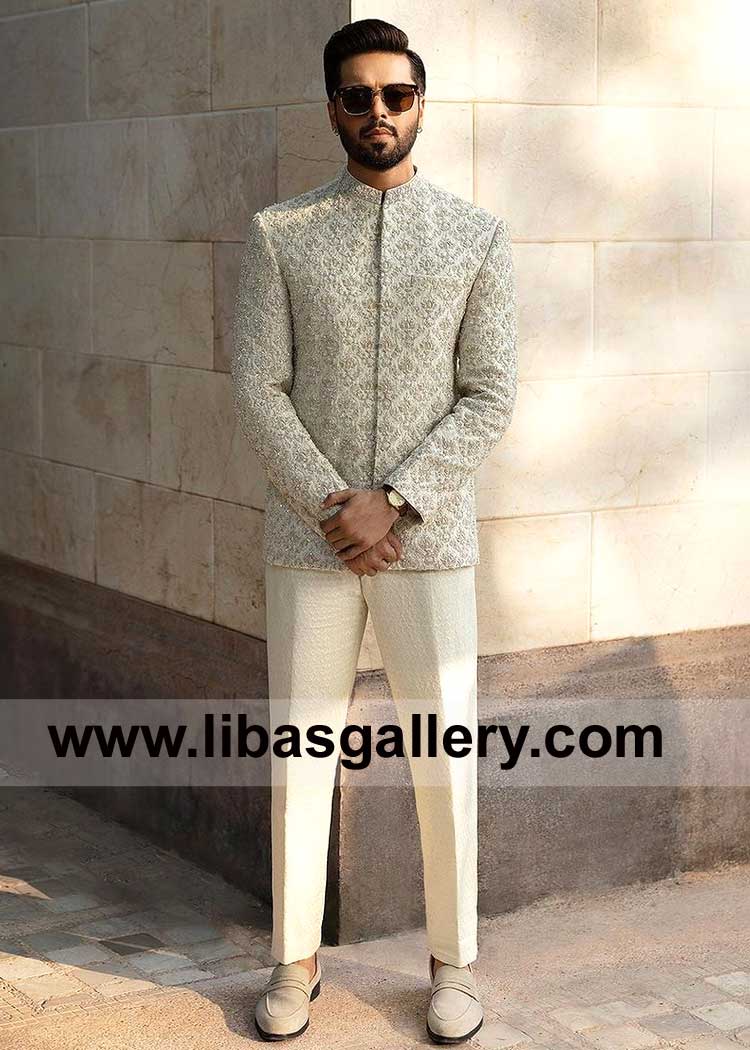 off white hand embellished prince coat for wedding kora dabka sequins work Sugarland Maryland Chicago USA
