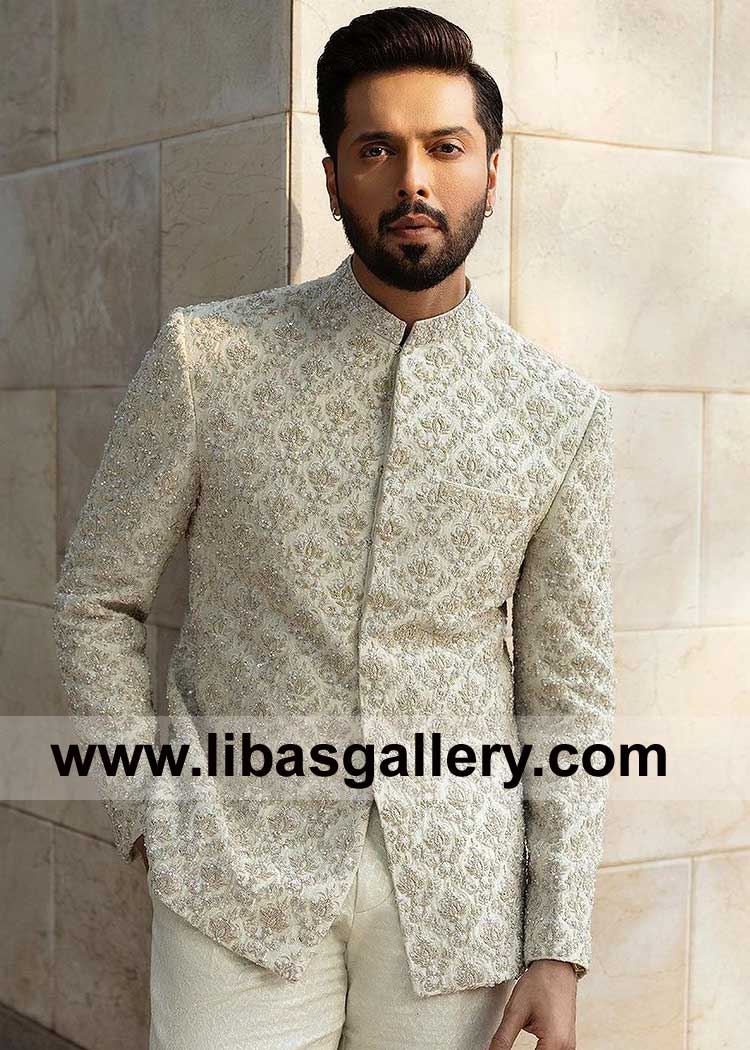 Korean Raw silk Prince coat hand work for wedding kora dabka sequins work Toronto Vancouver Montreal Canada