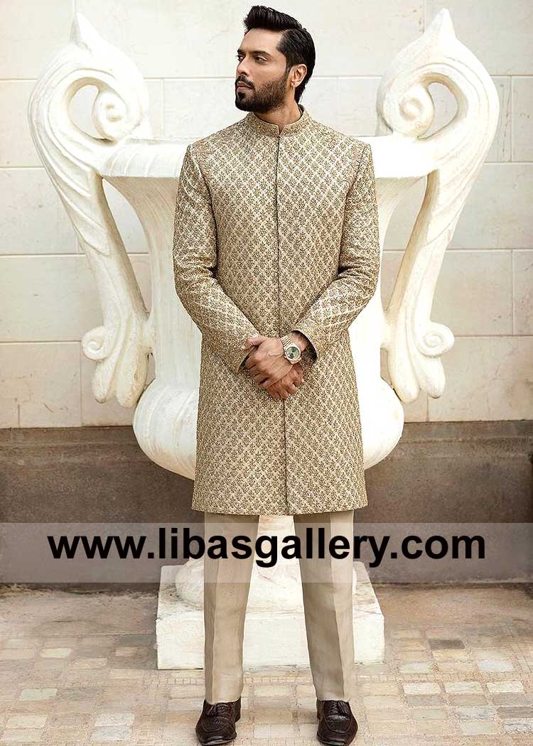 Gold karandi wedding sherwani with inner and matching silk shawl UK USA Canada