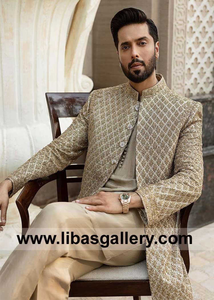 Karandi Designer Wedding Sherwani style with inner kurta pajama and shawl Dubai New zealand France Germany