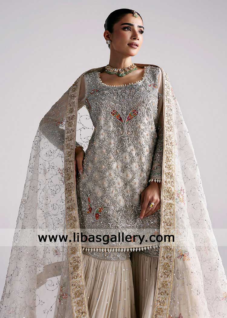 White Gharara set For Nikah with intricate zardozi work | Luxury Bridal White Gharara set For Nikah with intricate zardozi work | Luxury Bridal