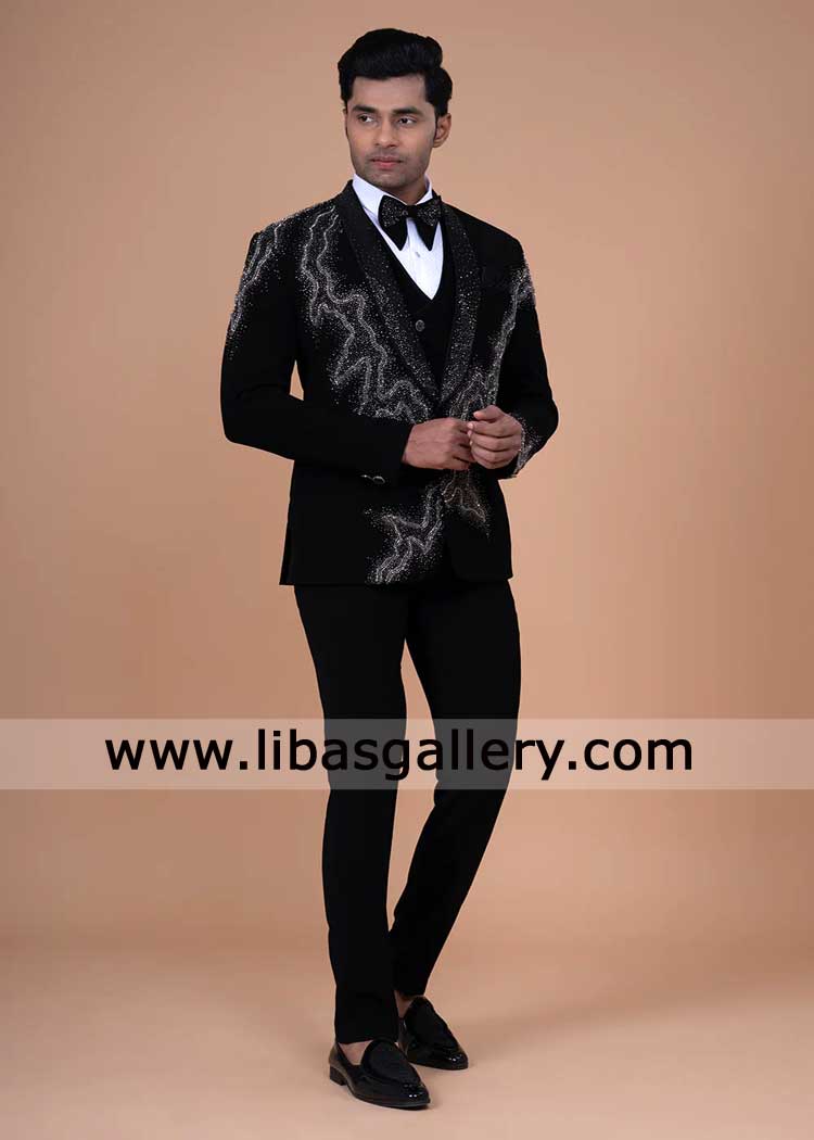 Groom Black Tuxedo with Silver Beads and Swarovski Crystal hand Embellishment paired with pants UK USA Canada Dubai Australia