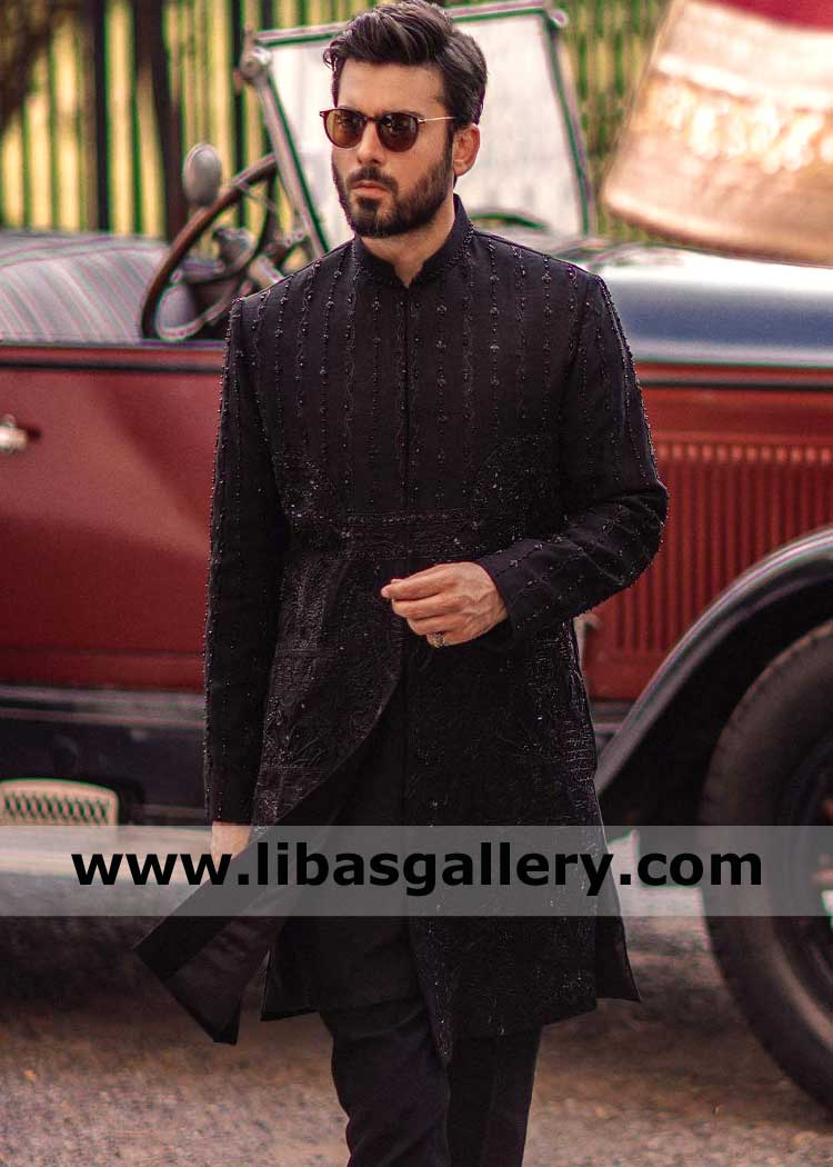 Buy Mens Sherwani for Wedding | Pakistani Sherwani for men | Black Wedding Groom Sherwani Style