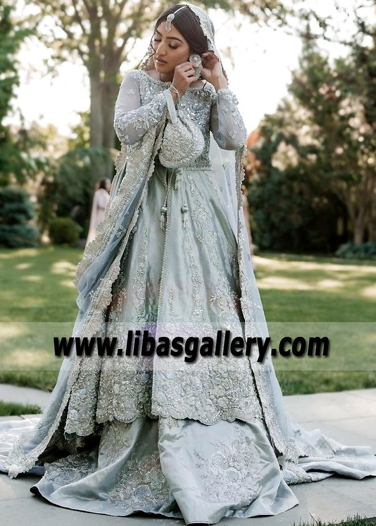 Light Periwinkle Malus Anarkali Bridal Lehenga ash gray color hand embellished silver kora dabka stones uk usa dubai