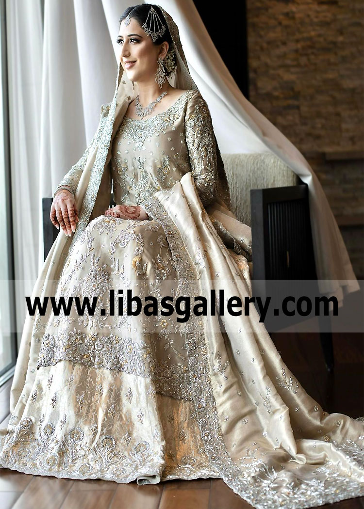 Champagne Walima Bridal Lehenga UK USA Canada Bunto Kazmi Bridal Dresses Walima Bridal Lehenga Designs