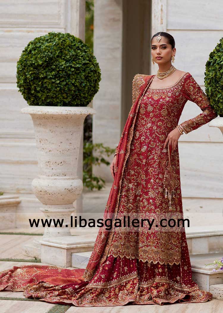 Regal Crimson Red Bridal Jamawar lehenga with gold hand embellishment paired with shirt and Zari tissue work dupatta UK USA Canada Dubai