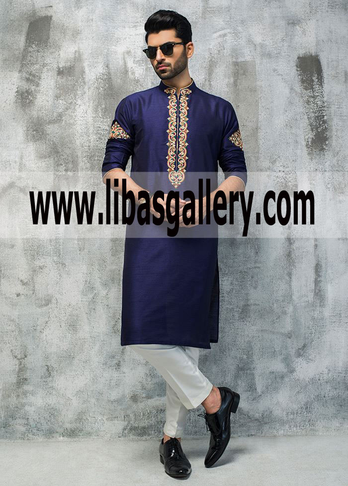 Buy Royal Blue Embroidered kurta for son in law mehndi event deepak perwani kurta 2019 California USA