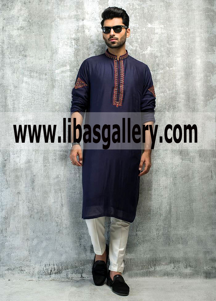 New shade of blue Raw silk kurta Embroidered for mehndi party gathering Australia Dubai UAE