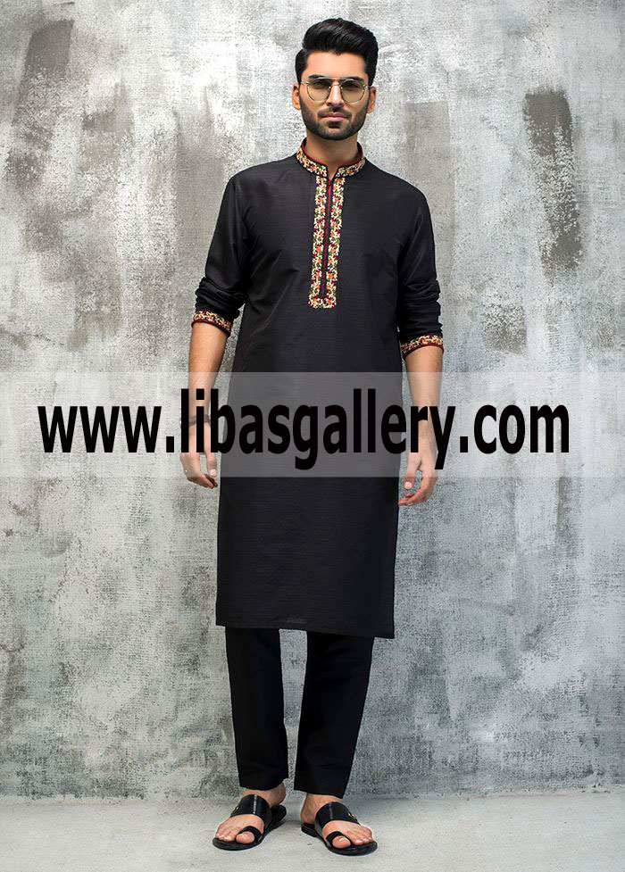 Bengali Desi Style Black Slim Fit Kurta for Mens Boys for Eid Wedding Indian Ramadan Pakistani