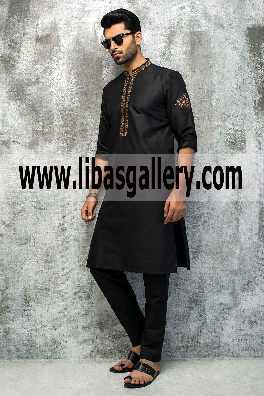 Select High Quality Fabric kurta Embroidered Black color Mehndi Shadi Function Perth Sydney Australia
