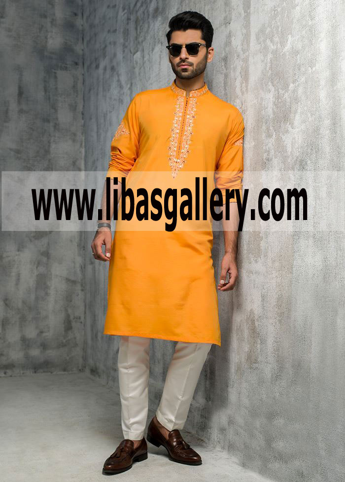 Mango Color Mayoon Embroidered Men`s Kurta White pajama Eid Wear Asia Europe South America Australia