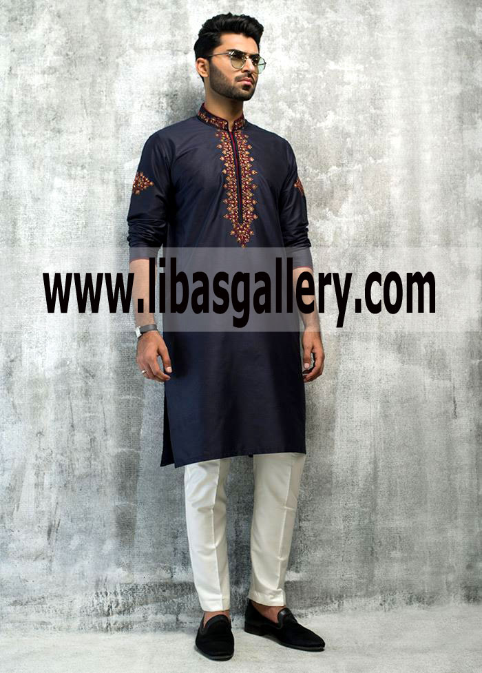 Pakistani Kurta lovers Groom Wearing Dark Blue Embroidered Kurtas on Mehndi and Eid Dubai Abu dhabi UAE