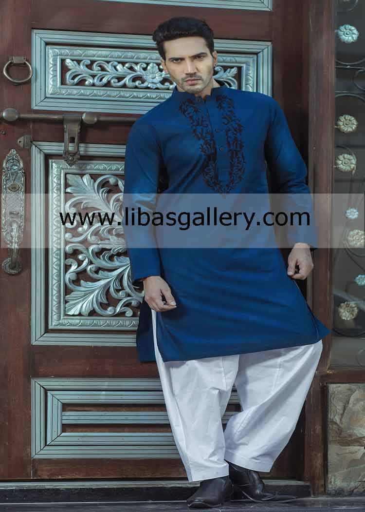 Fashion has no boundary new fashion blue embroidered men’s kurta shop online 2019 Germany France