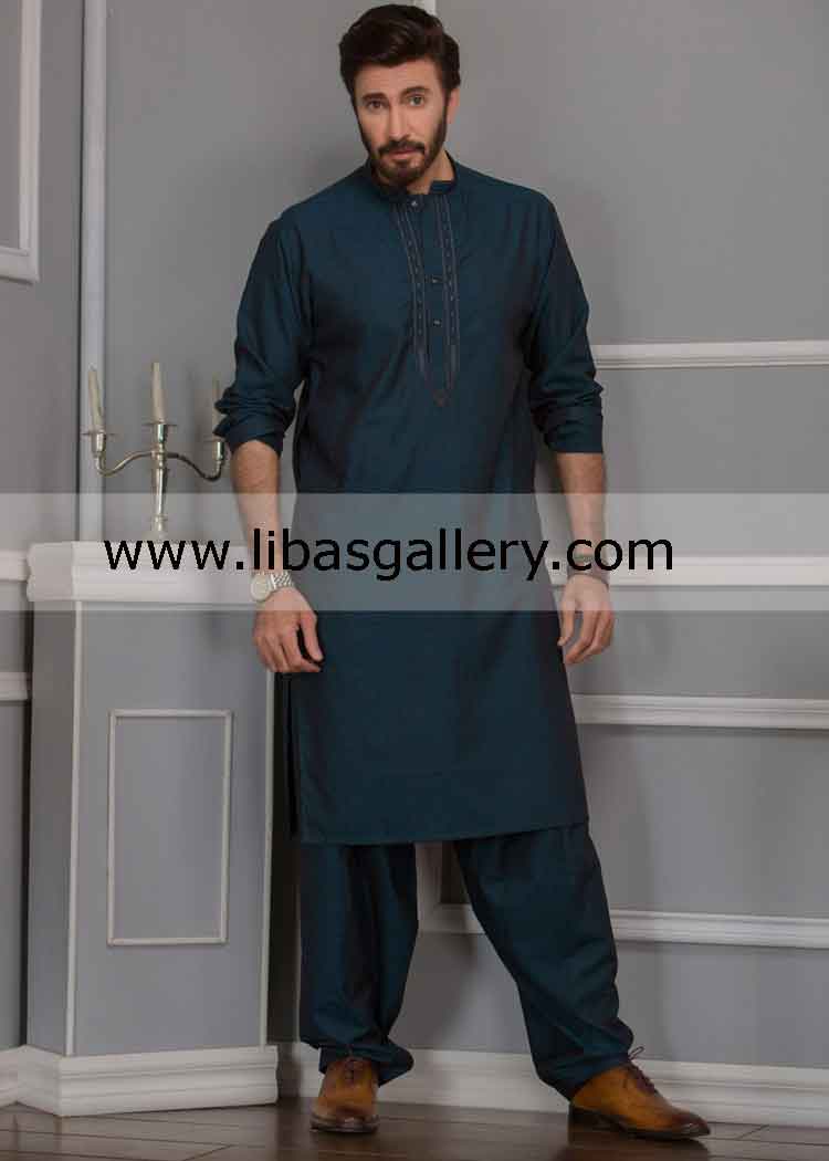 Straight cut stylish Kurta Shalwar for men dark shade embroidery on front MinneaPolix Phoenix USA