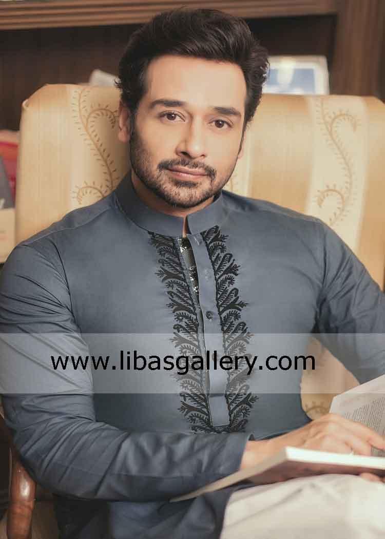 Grey Embroidered kurta traditional men`s wear Amir adnan kurta shalwar Austin Bakersfield America