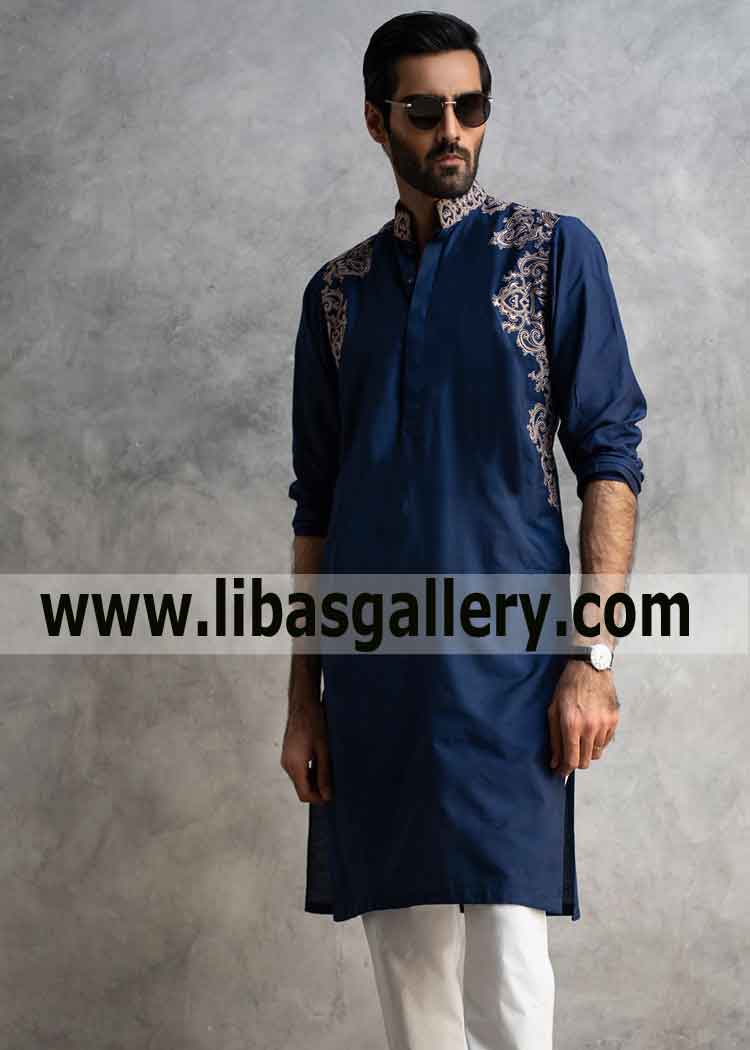 Quick Delivery Pakistani Royal Blue Embroidered kurta for man in cotton silk fabric buy online Dubai Abud dhabi UAE