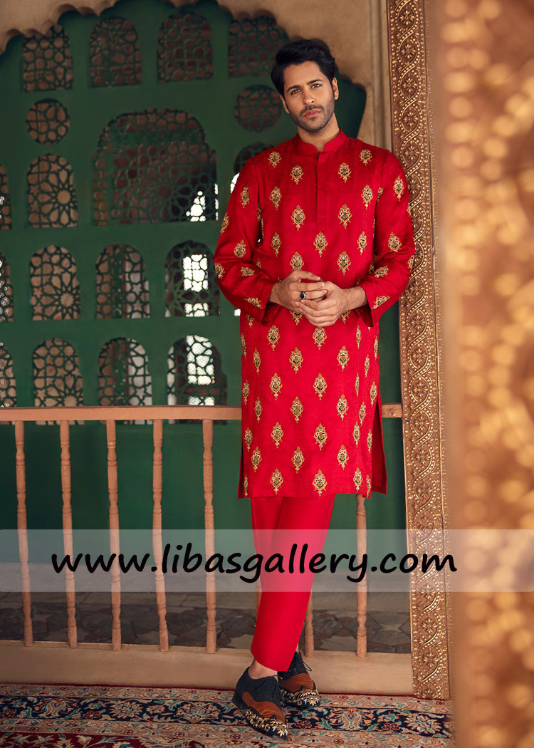 crimson red self jamawar kurta designed with threadwork kora and dabka embellishment Asia Europe South Africa