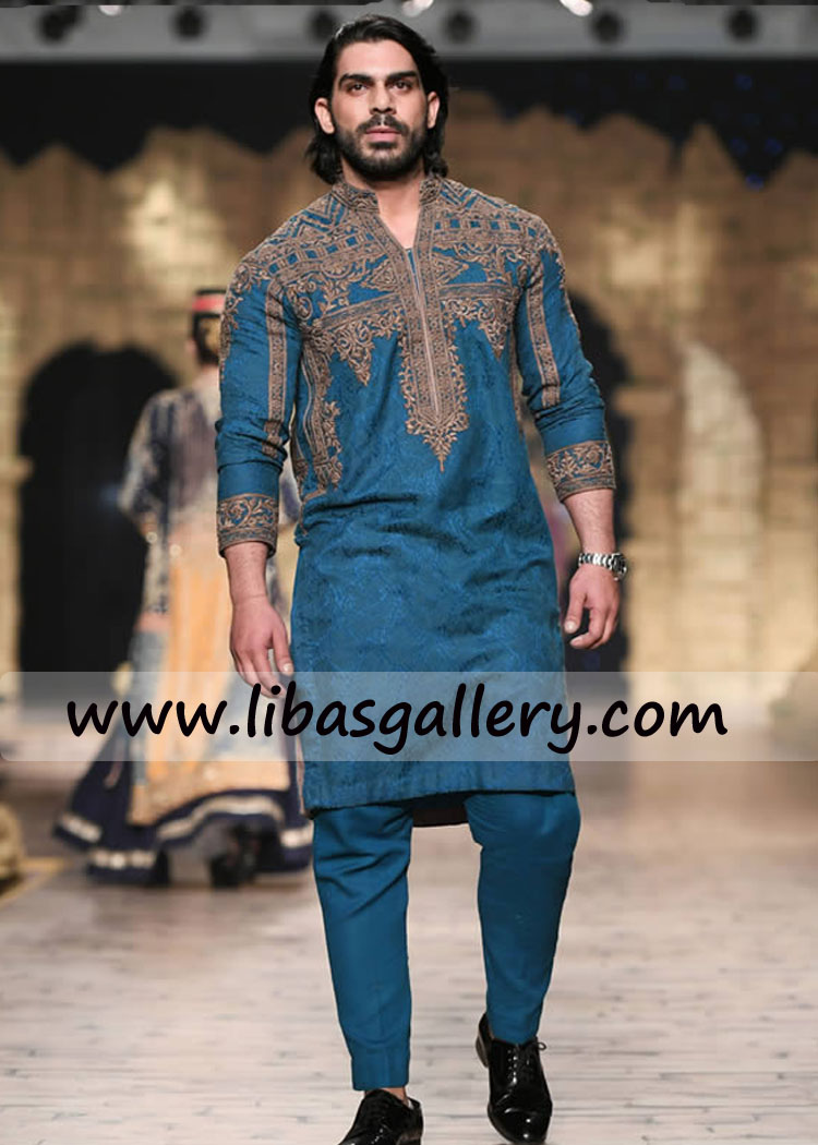 Embroidered kurta eastern blue for man with complimentary shalwar or pajama worldwide delivery for mehndi UK USA Canada