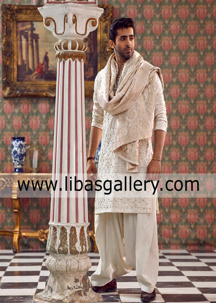 full embroidered karandi kurta and shalwar off white for men mehndi and party on eid New York City Houston USA