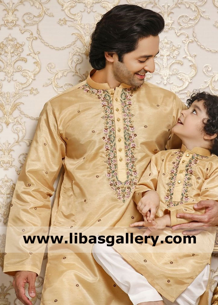 Actor danish taimoor wearing resham thread multi color embroidery kurta with his son on eid day uk usa canada