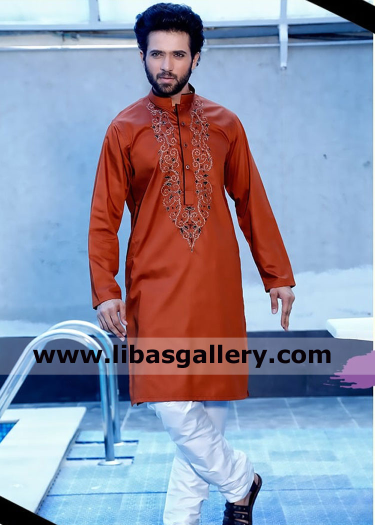 finest quality fabric rust orange wash and wear mehndi and event type embroidered kurta with white shalwar traditional style for sbober man uk usa canada