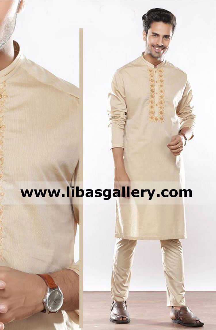 high quality wash and wear soft fabric thread embroidered kurta pajama for sober and happy man shop online saudi arabia dubai qatar